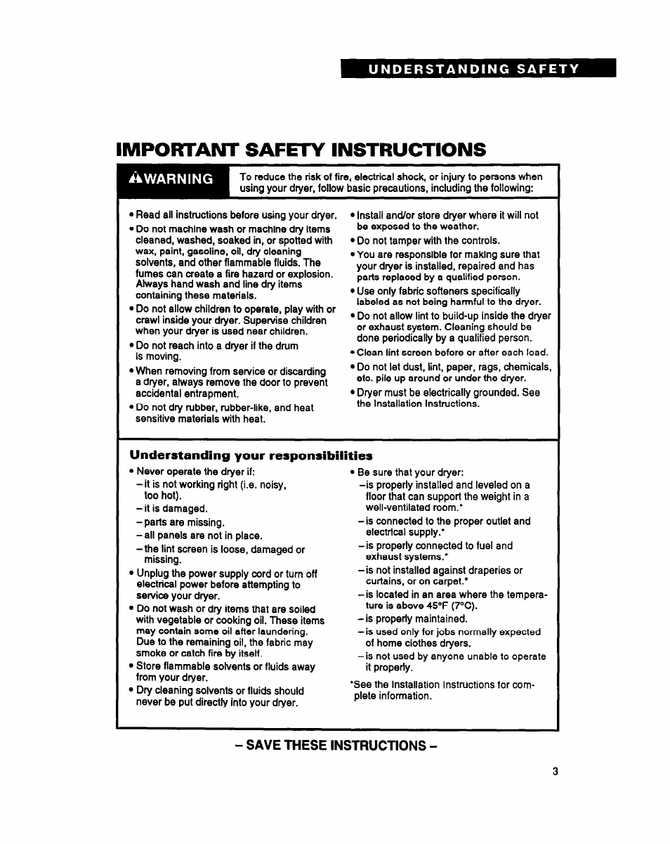 Understanding your responsibilities, Save these instructions, Important safety instructions | Whirlpool BYCCD3421W0 User Manual | Page 3 / 20