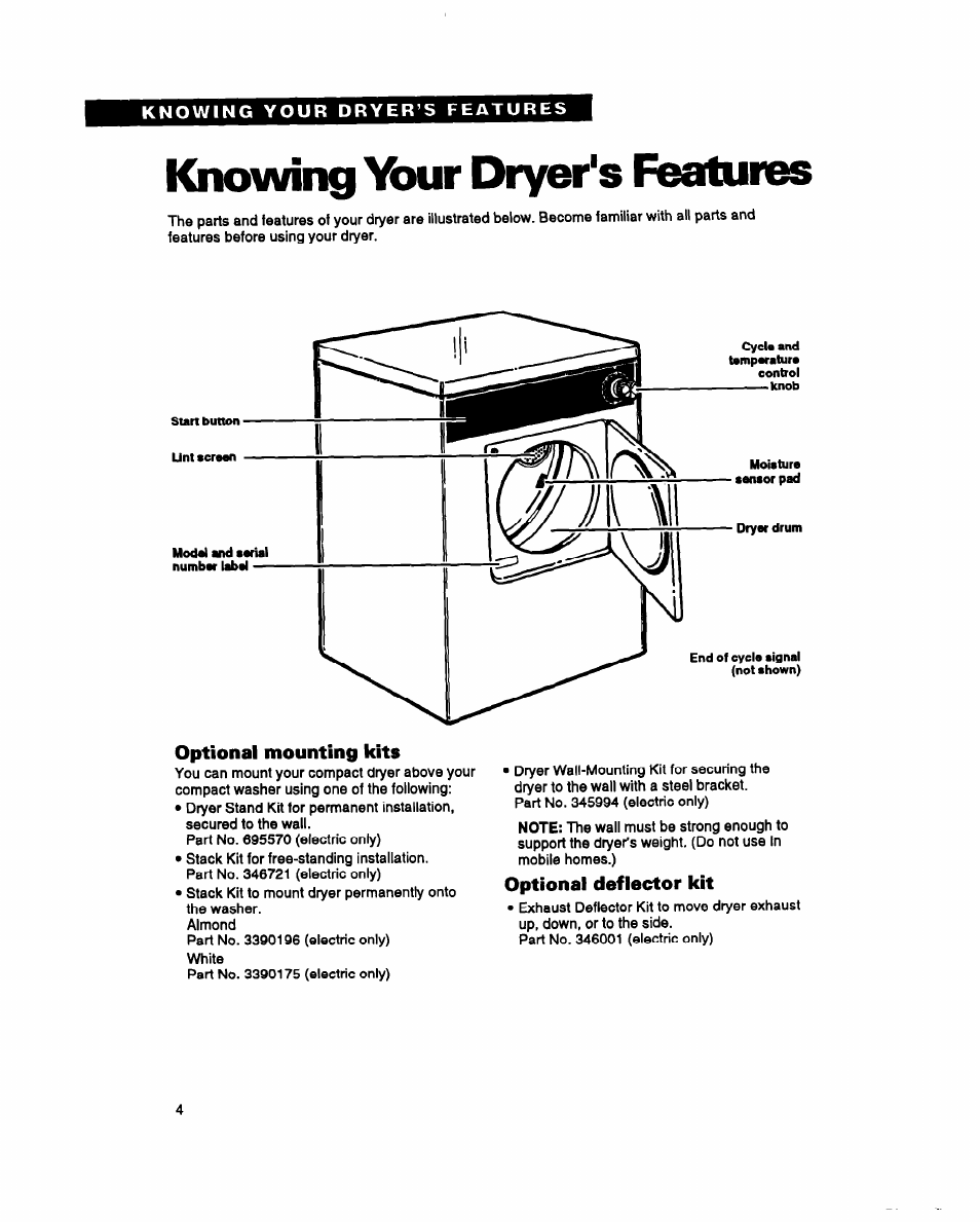 Knowing \bur dryer's features, Optional mounting kits, Optional deflector kit | Whirlpool BYCCD3421W0 User Manual | Page 4 / 20