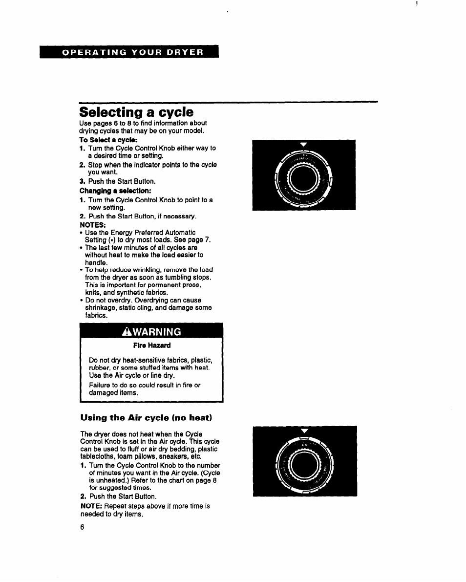 Using the air cycle (no heat), Selecting a cycle | Whirlpool BYCCD3421W0 User Manual | Page 6 / 20