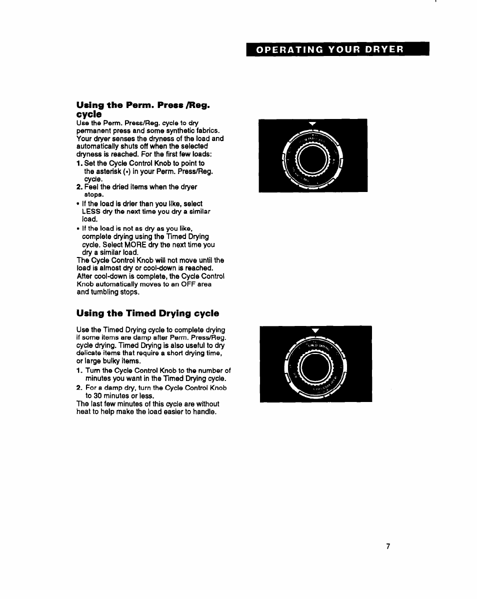 Using the perm. press /reg. cycle, Using the timed drying cycle | Whirlpool BYCCD3421W0 User Manual | Page 7 / 20