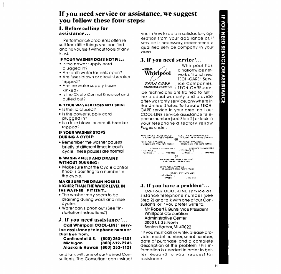 Before calling for a§sistance, If you need assistance, If you need service | If you have a problem, Rfc//ca/fie | Whirlpool LA54OOXP User Manual | Page 11 / 12