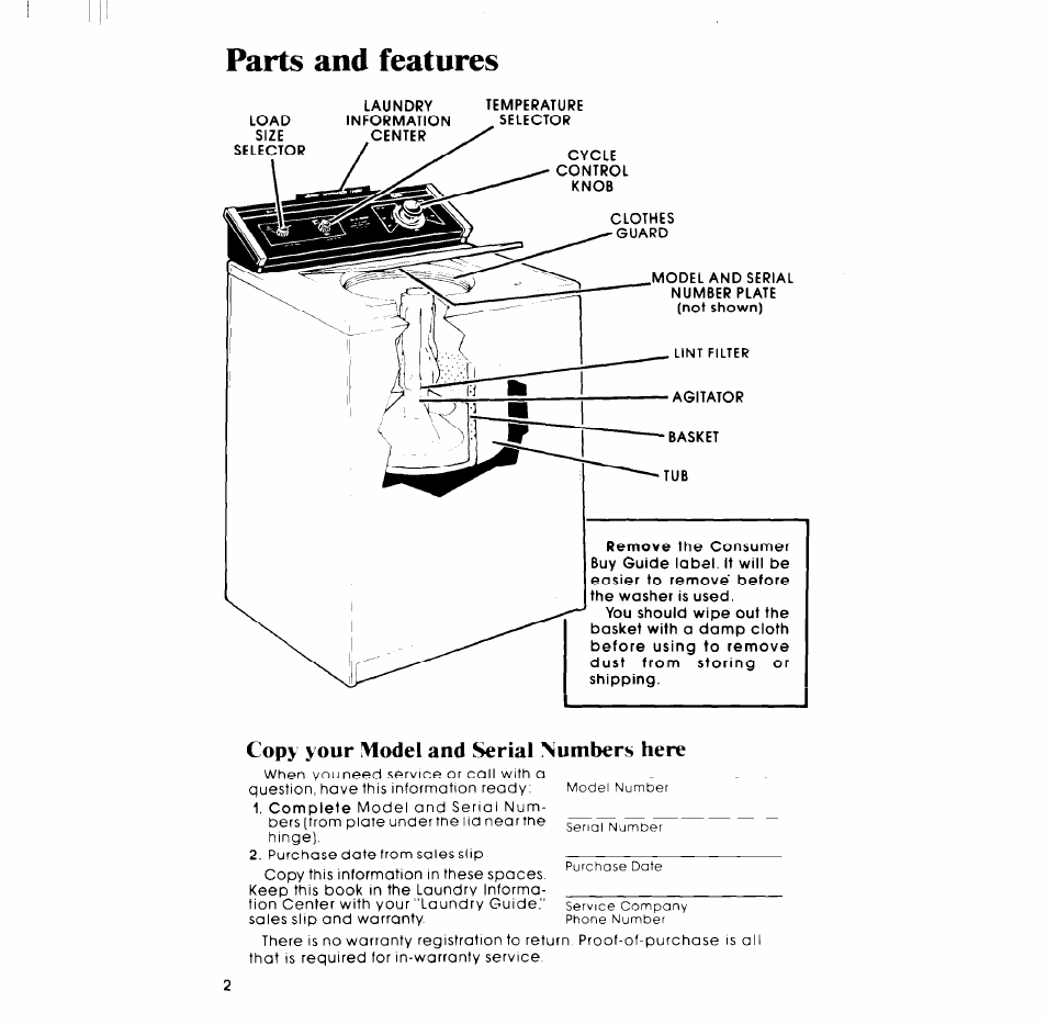 Parts and features, Copy your model and serial numbers here | Whirlpool LA54OOXP User Manual | Page 2 / 12