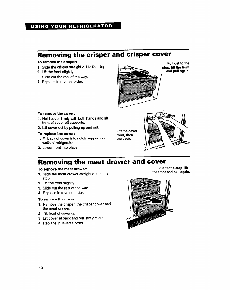 Removing the crisper and crisper cover, Removing the meat drawer and cover | Whirlpool ED20ZK User Manual | Page 10 / 26