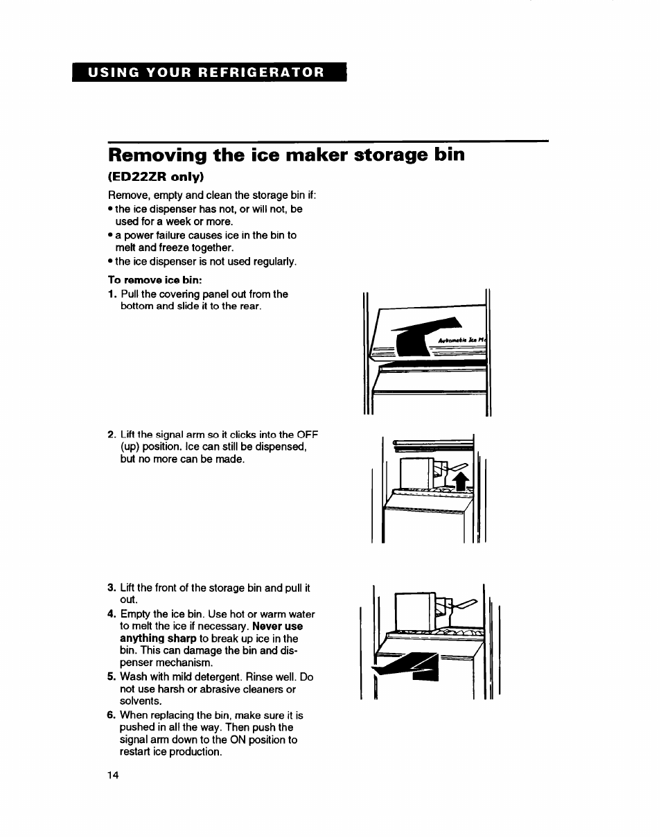 Removing the ice maker storage bin, Ed22zr only) | Whirlpool ED20ZK User Manual | Page 14 / 26