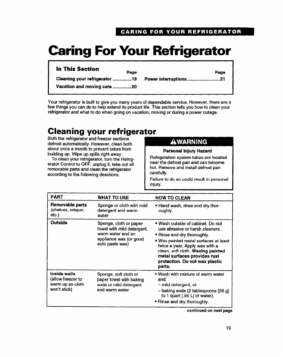 Caring for your refrigerator, Cleaning your refrigerator | Whirlpool ED20ZK User Manual | Page 19 / 26