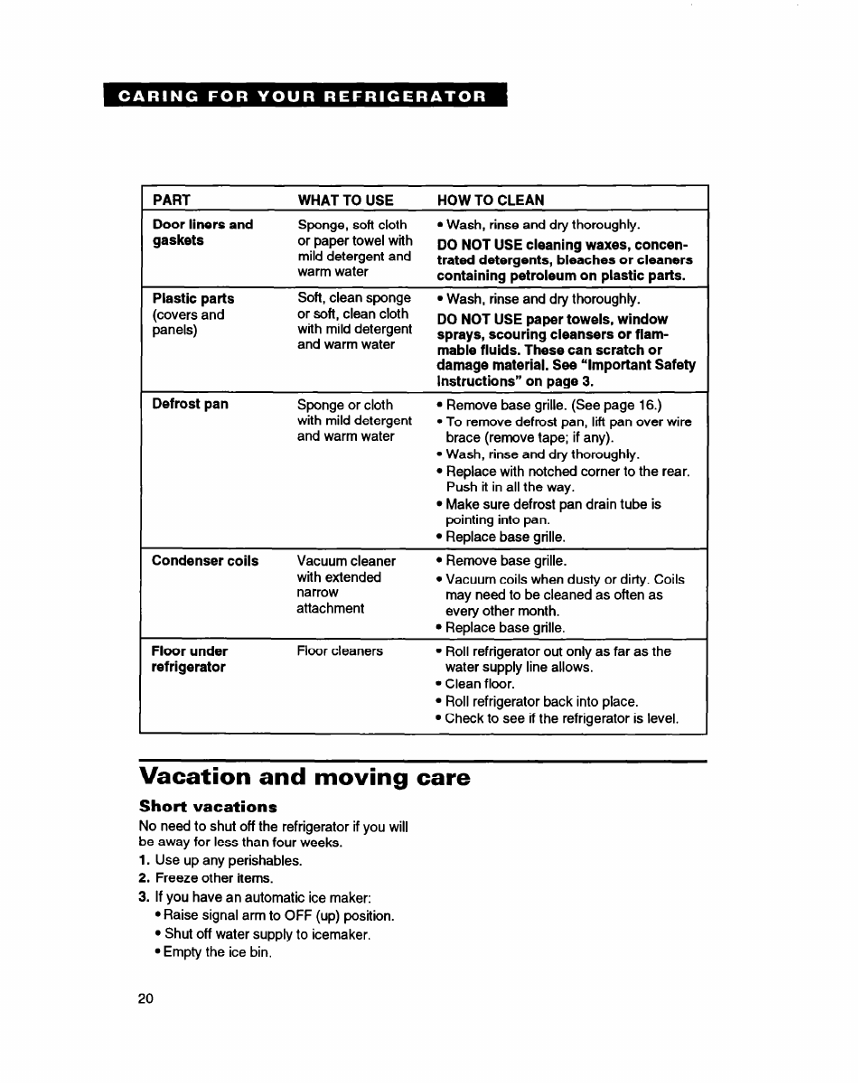 Vacation and moving care, Short vacations | Whirlpool ED20ZK User Manual | Page 20 / 26