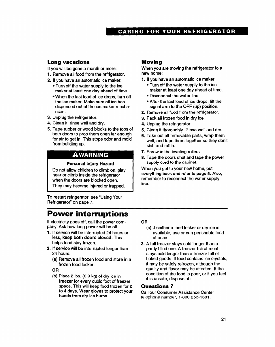 Long vacations, Moving, Power interruptions | Questions 7 | Whirlpool ED20ZK User Manual | Page 21 / 26