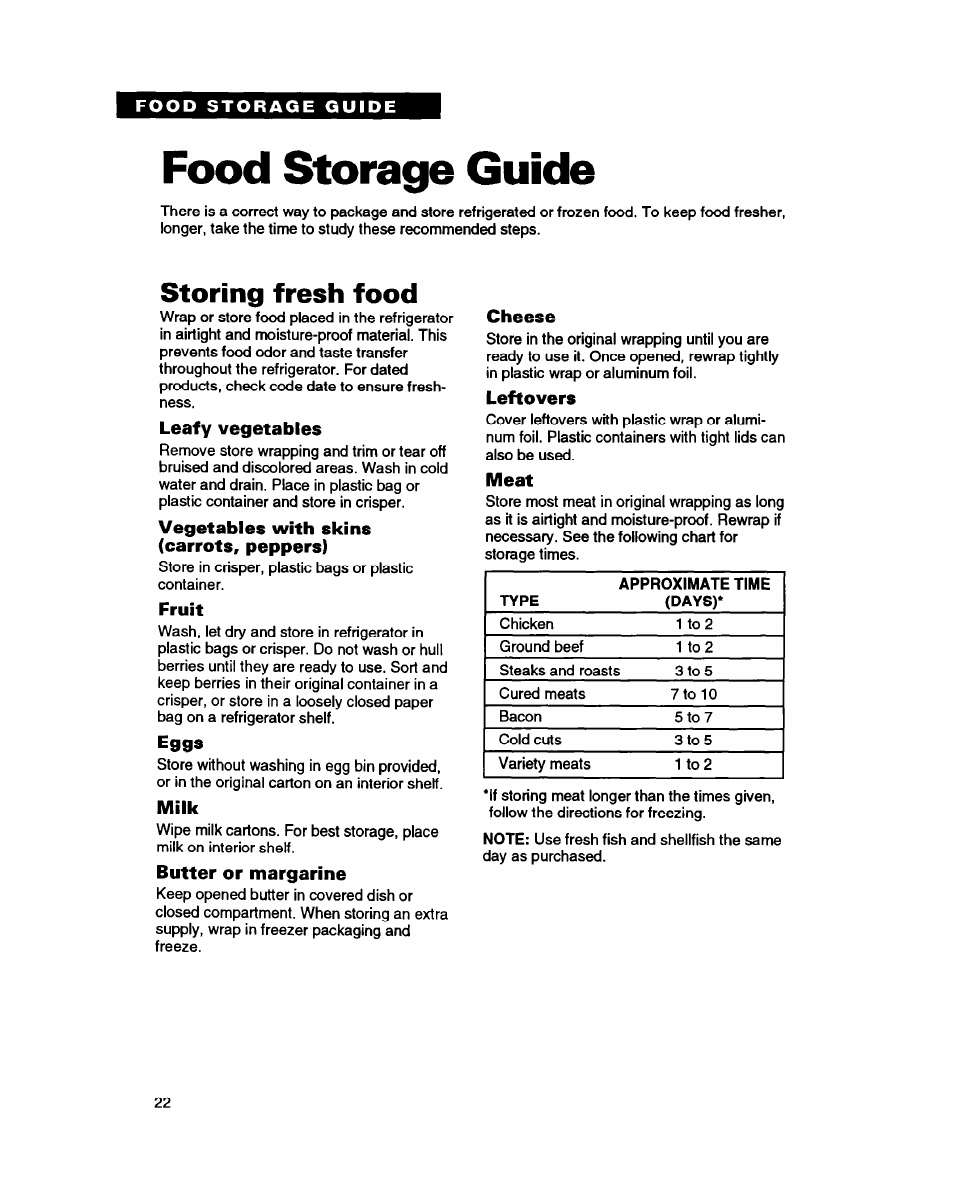 Food storage guide, Storing fresh food, Leafy vegetables | Vegetables with skins (carrots, peppers), Fruit, Eggs, Milk, Butter or margarine, Cheese, Leftovers | Whirlpool ED20ZK User Manual | Page 22 / 26