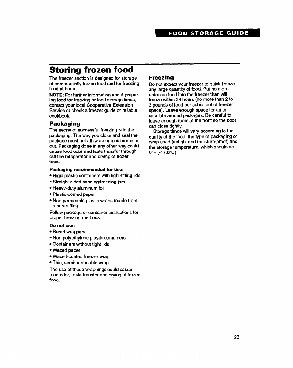 Storing frozen food, Packaging, Freezing | Whirlpool ED20ZK User Manual | Page 23 / 26