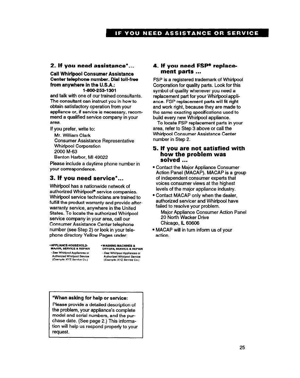 If you need assistance, If you need service, If you need fsp® replacement parts | If you need fsp® replace­ ment parts | Whirlpool ED20ZK User Manual | Page 25 / 26
