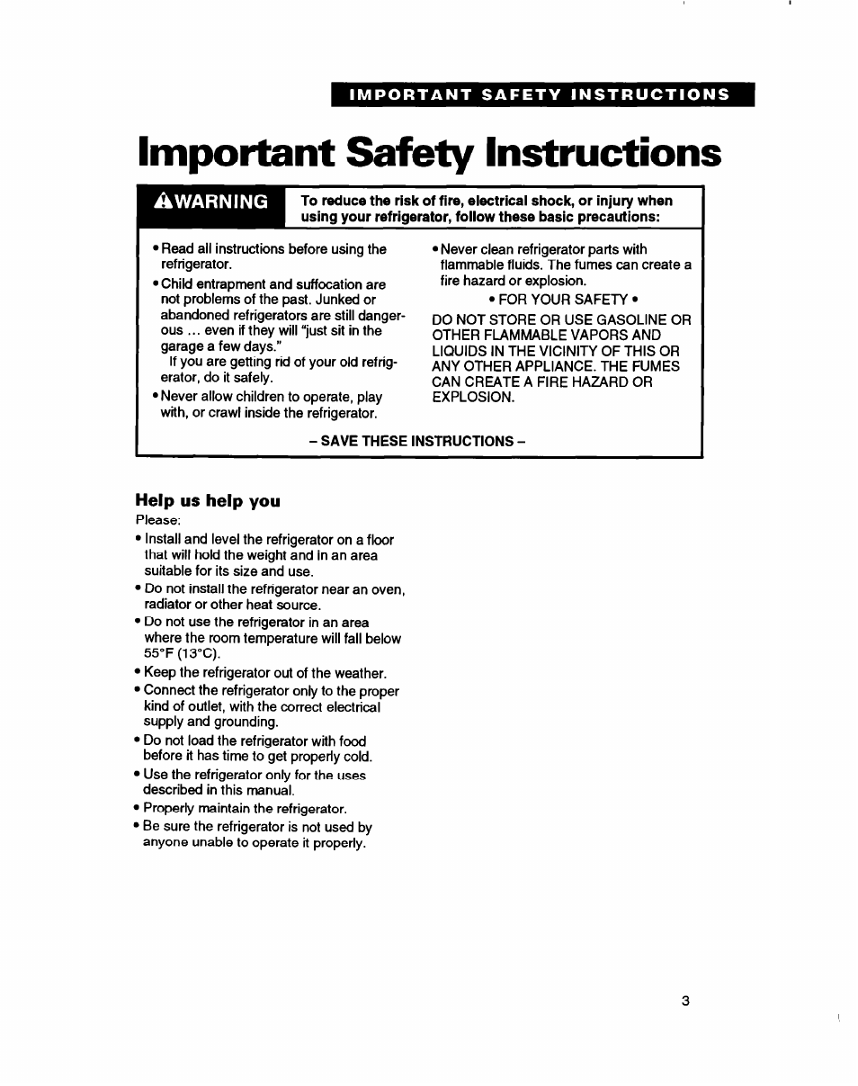 Important safety instructions, Help us help you, Important safety | Instructions | Whirlpool ED20ZK User Manual | Page 3 / 26