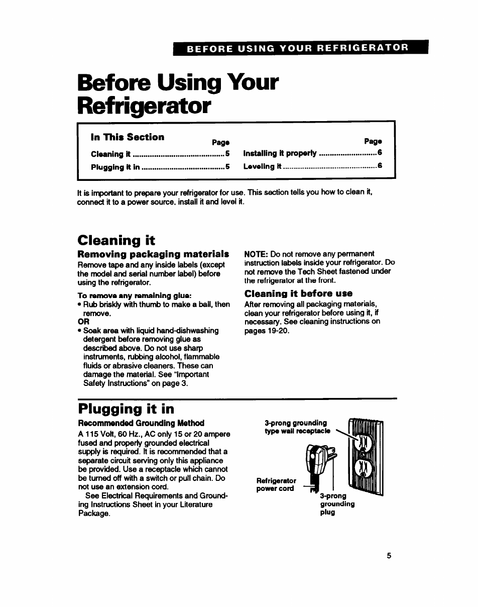 Before using your refrigerator, Cleaning it, Removing packaging materials | Cleaning it before use, Plugging it in, Before using your, Refrigerator | Whirlpool ED20ZK User Manual | Page 5 / 26