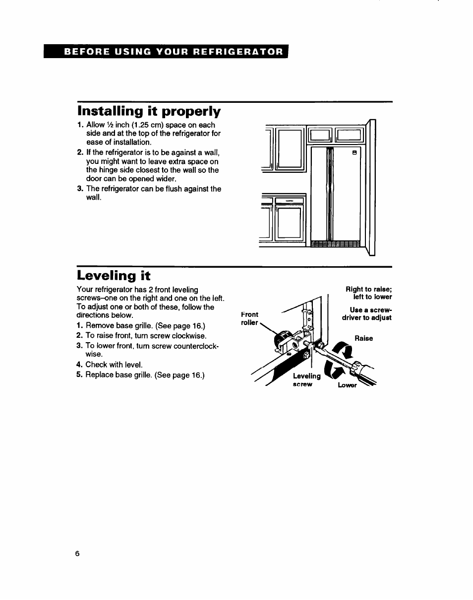 Installing it properly, Leveling it | Whirlpool ED20ZK User Manual | Page 6 / 26