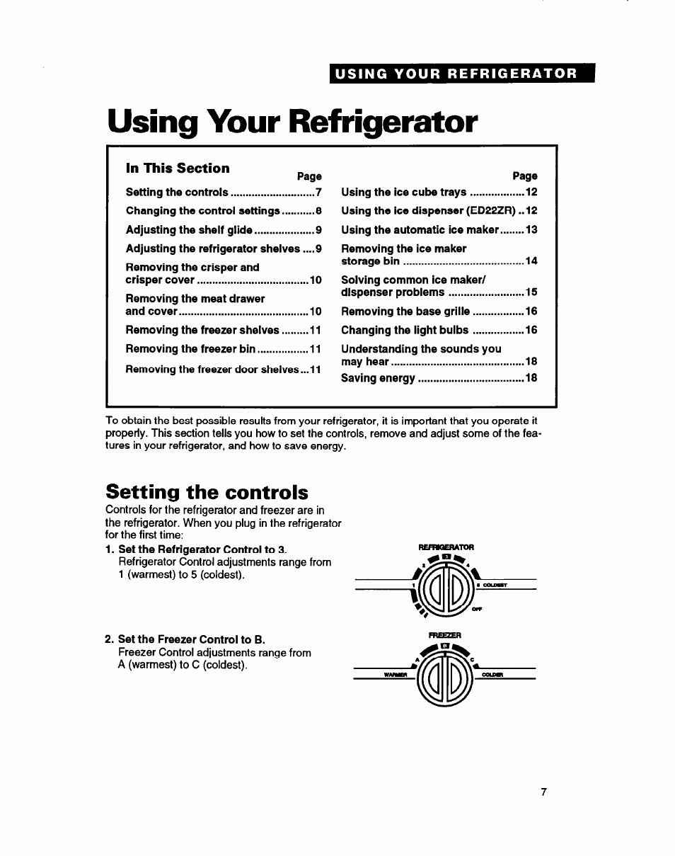 Using your refrigerator, Setting the controls | Whirlpool ED20ZK User Manual | Page 7 / 26