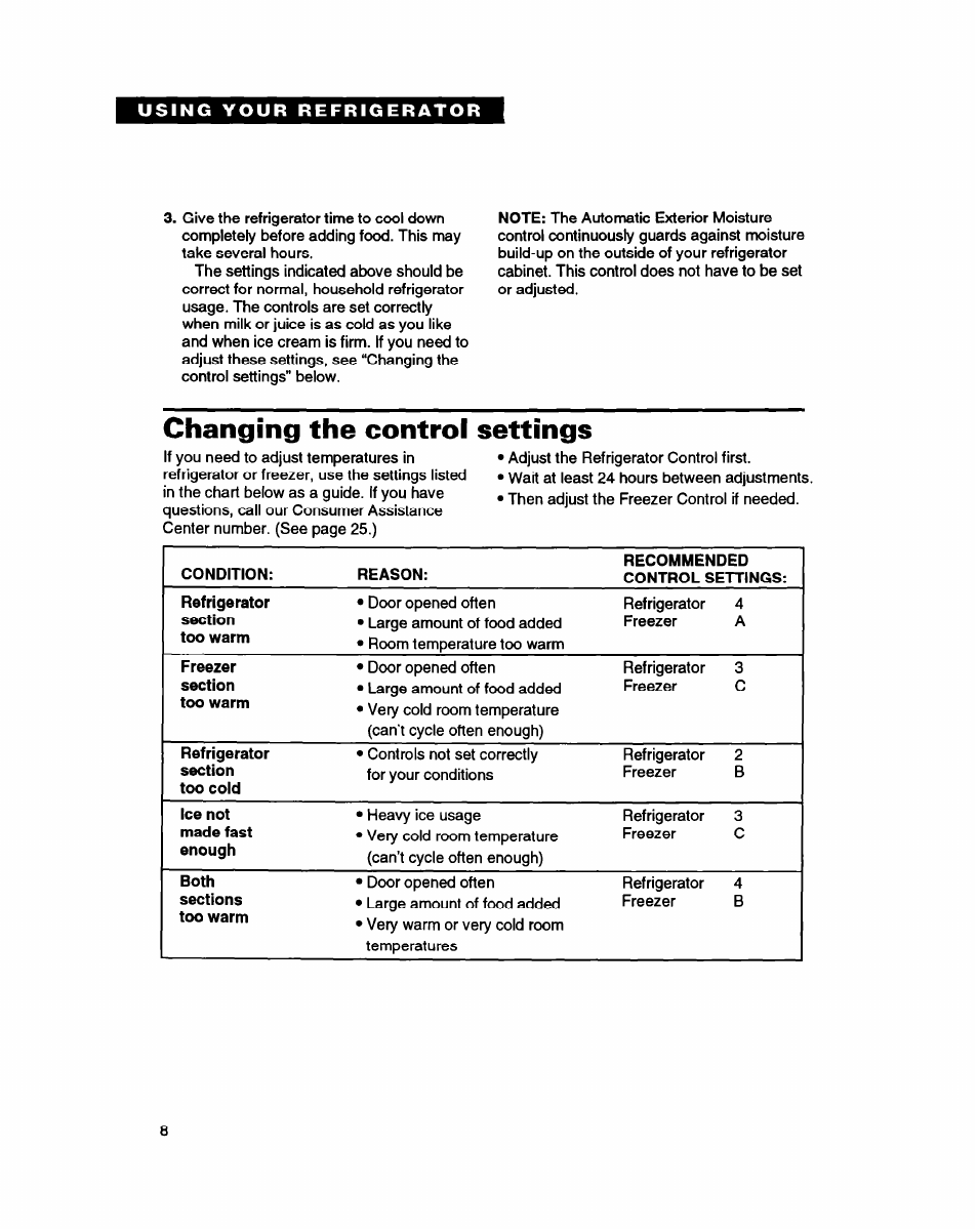 Changing the control settings | Whirlpool ED20ZK User Manual | Page 8 / 26