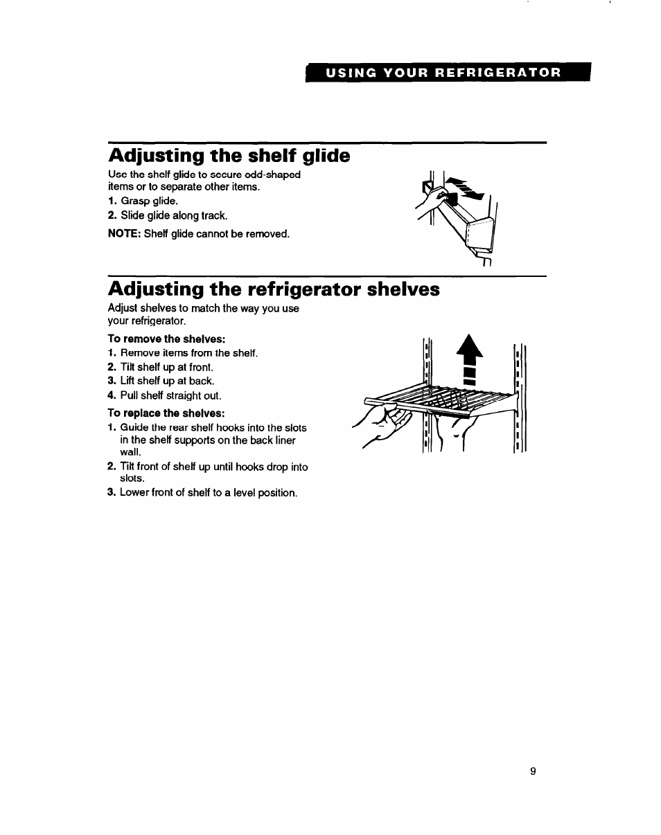 Adjusting the shelf glide, Adjusting the refrigerator shelves, Adjusting the sheif glide | Whirlpool ED20ZK User Manual | Page 9 / 26