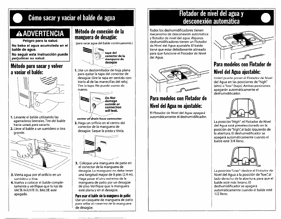 Cómo sacar y vaciar el balde de agua, Advertencia, Método para sacar y volver a vaciar el balde | Método de conexión de la manguera de desagüe, Cómo sacar y vaciar el balde de agua ^advertencia | Whirlpool Dehumidifier User Manual | Page 10 / 12