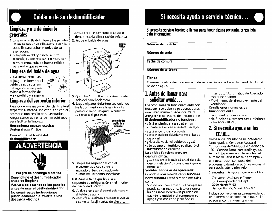 Cuidado de su deshumidificador, Limpieza y mantenimiento generales, Limpieza del balde de agua | Limpieza del serpentín interior, Advertencia, Si necesita ayuda o servicio técnico, Antes de llamar para solicitar ayuda, Si necesita ayuda en los ee.uu | Whirlpool Dehumidifier User Manual | Page 11 / 12