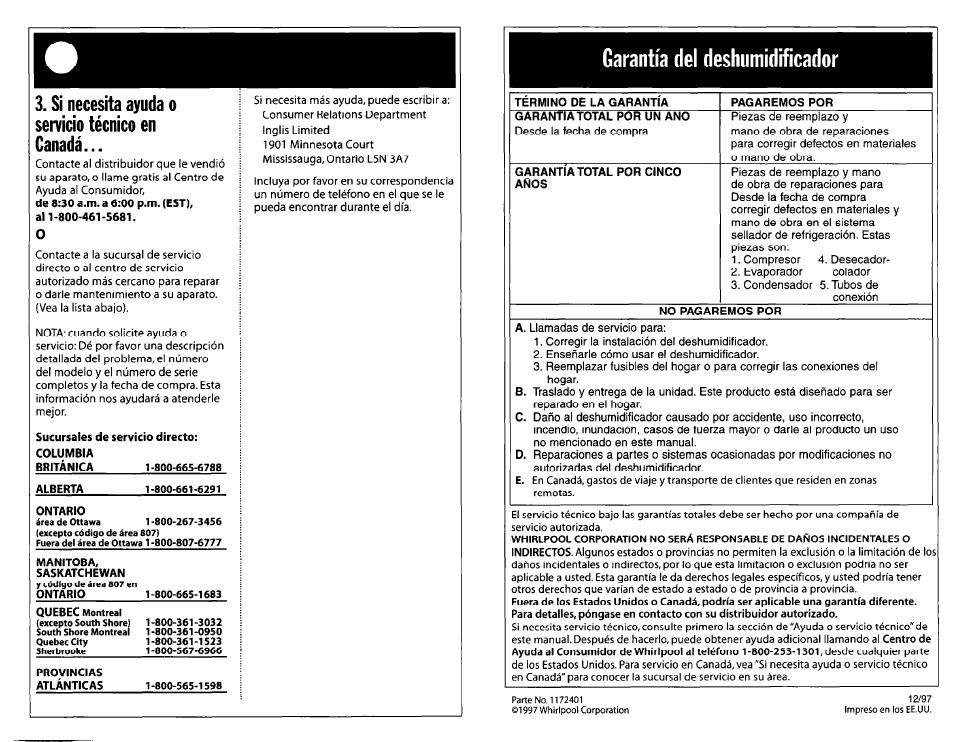 Si necesita ayuda o servicio técnico en canadá, Garantía del deshumidificador | Whirlpool Dehumidifier User Manual | Page 12 / 12