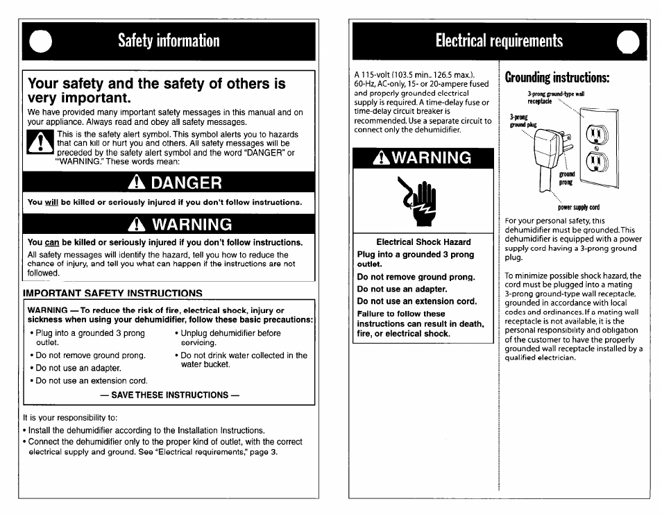 Safety information, Mportant safety instructions, Electrical requirements | Danger, A warning, Awarning, Grounding instructions | Whirlpool Dehumidifier User Manual | Page 2 / 12