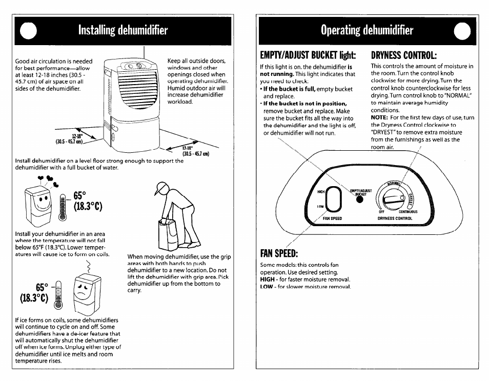 Installing dehumidifier, 3°c), 65°- (18.3°c) | Operating dehumidifier, Empty/adjust bucket light: dryness control | Whirlpool Dehumidifier User Manual | Page 3 / 12