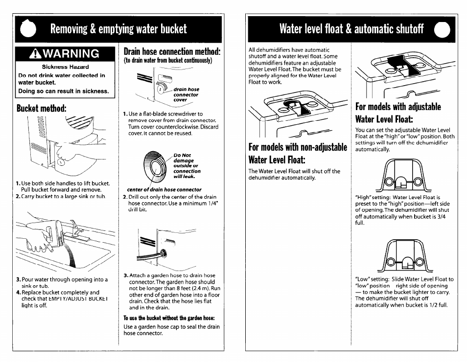 Removing & emptying water bucket, Warning, Bucket method | Drain hose connection method, Water level float & automatic shutoff, For models with non-adjustable water level float, For models with adjustable water level float | Whirlpool Dehumidifier User Manual | Page 4 / 12