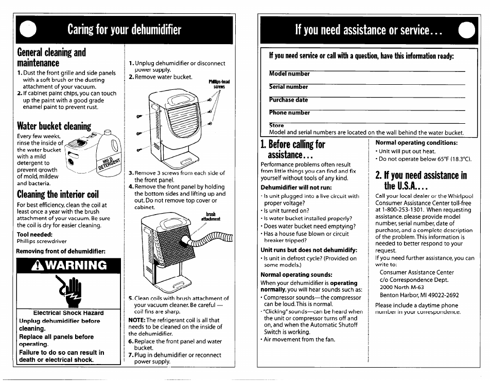 Caring for your dehumidifier, General cleaning and maintenance, Water bucket cleaning | Cleaning the interior coil, If you need assistance or service, Before calling for assistance, If you need assistance in the u.s.a, Awarning | Whirlpool Dehumidifier User Manual | Page 5 / 12