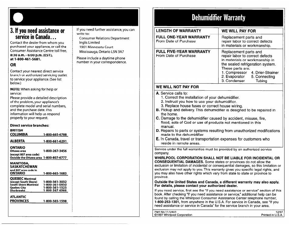 If you need assistance or service in canada, Dehumidifier warranty | Whirlpool Dehumidifier User Manual | Page 6 / 12