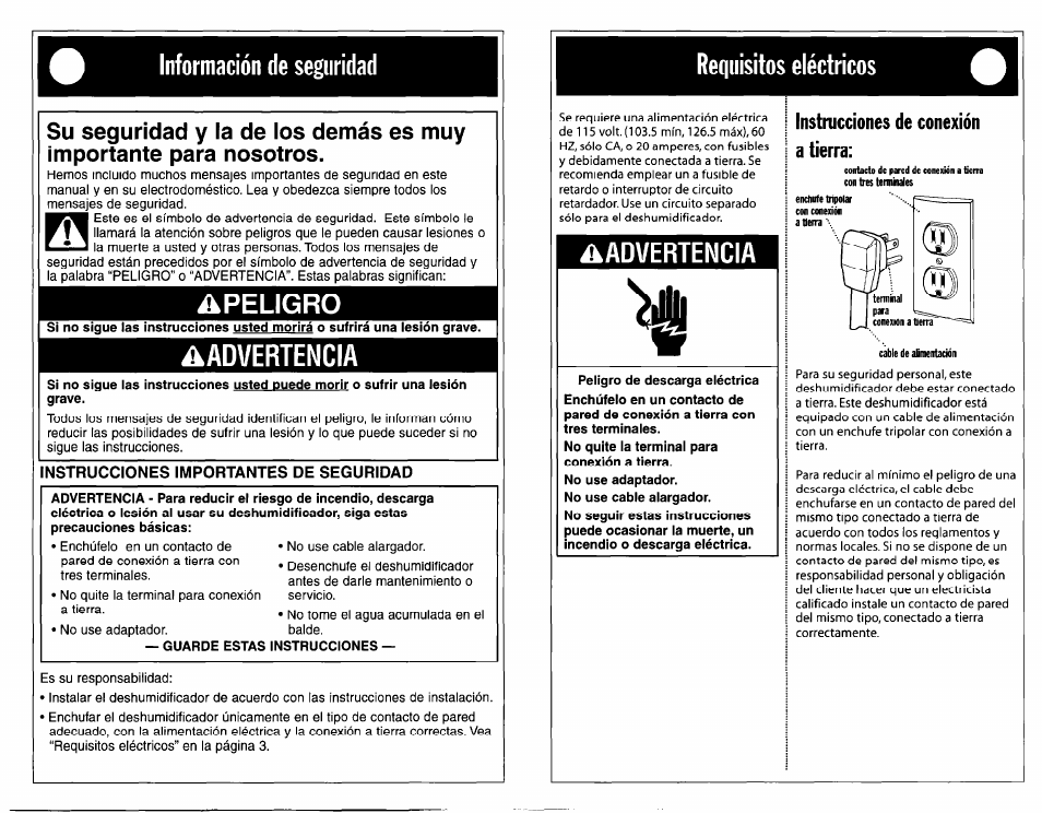 Información de seguridad, Apeligro, Advertencia | Instrucciones importantes de seguridad, Requisitos eléctricos, Aadvertencia, Instrucciones de conexión a tierra, Apeligro ^advertencia | Whirlpool Dehumidifier User Manual | Page 8 / 12