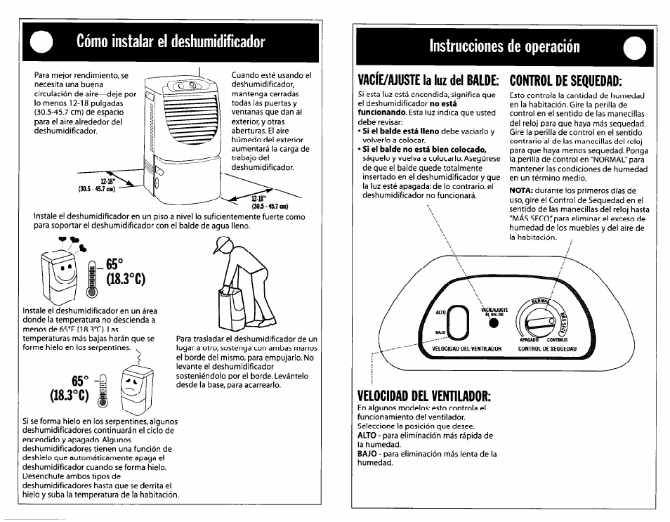 Cómo instalar el deshumidificador, 3°c), Instrucciones de operación | Vacíe/aiuste la luz del balde: control de sequedad, Velocidad del ventilador | Whirlpool Dehumidifier User Manual | Page 9 / 12