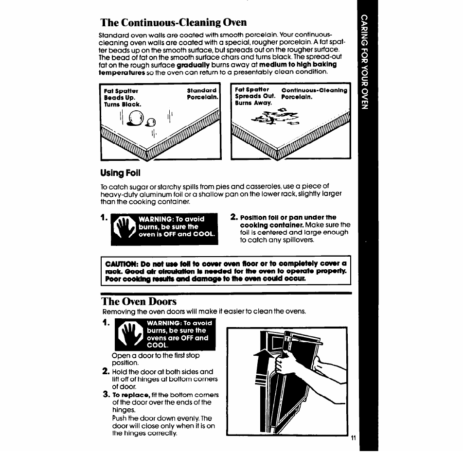 The continuous-cleaning oven, Using foil, The oven doors | Whirlpool SB130PER User Manual | Page 11 / 16