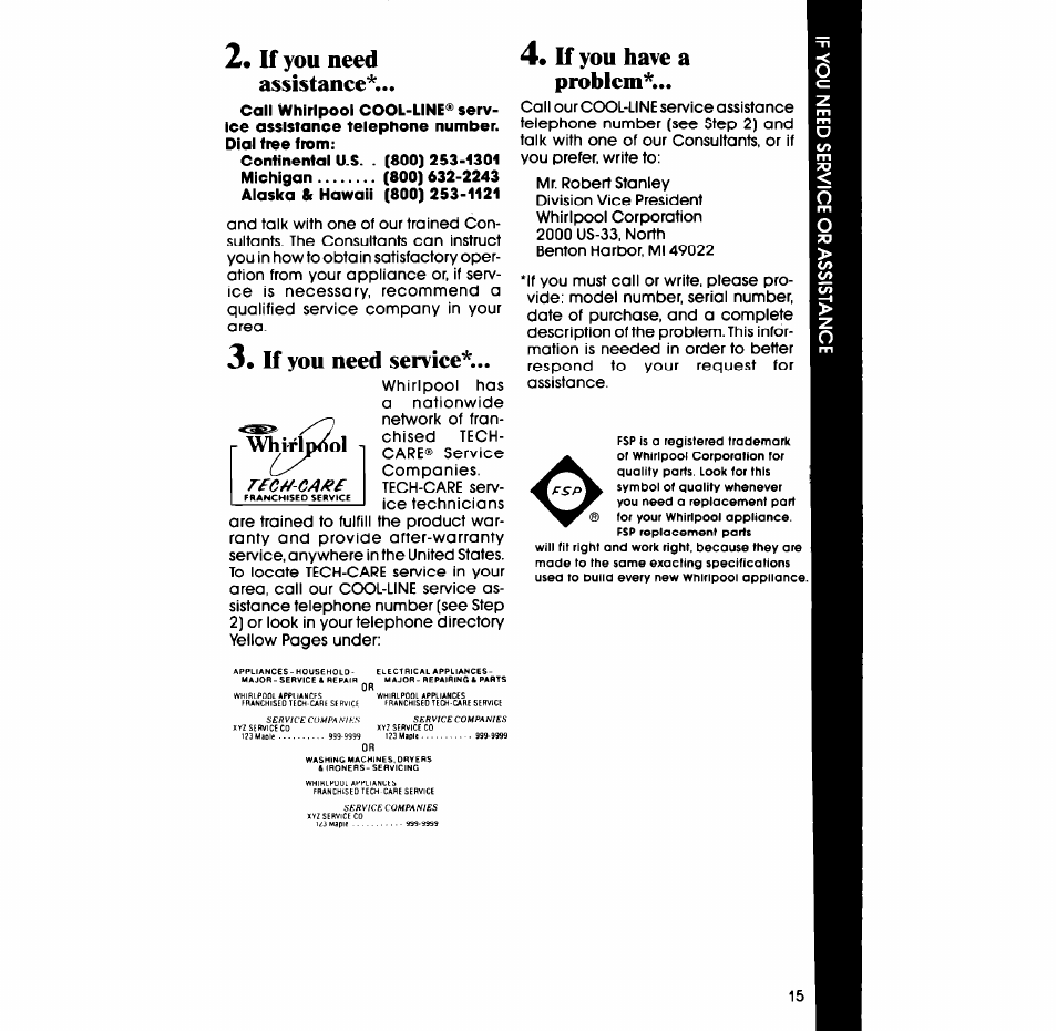 2« if you need assistance, If you need service, 4« if you have a problem | If you need assistance, If you have a problem | Whirlpool SB130PER User Manual | Page 15 / 16