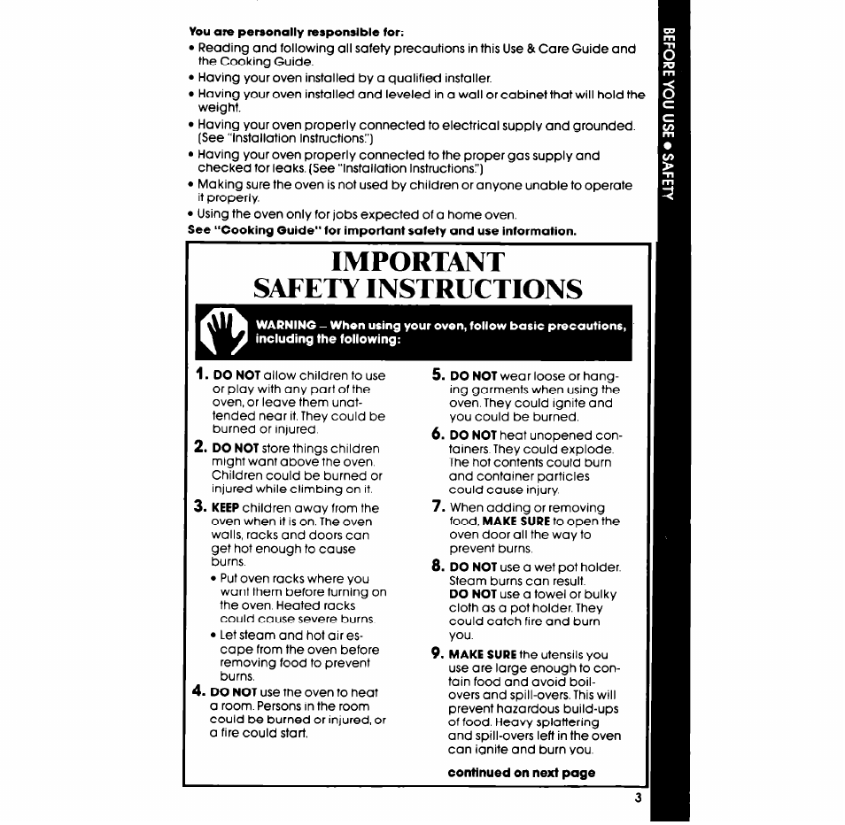 You are personally responsible for, Important safety instructions | Whirlpool SB130PER User Manual | Page 3 / 16