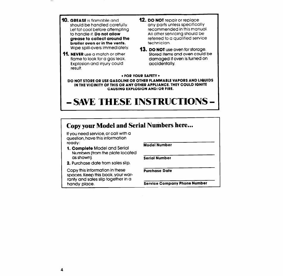 Save these instructions, Copy your model and serial numbers here | Whirlpool SB130PER User Manual | Page 4 / 16