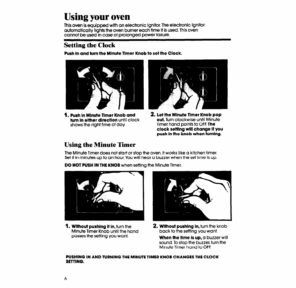 Using your oven, Setting the clock, Using the minute tinier | Whirlpool SB130PER User Manual | Page 6 / 16