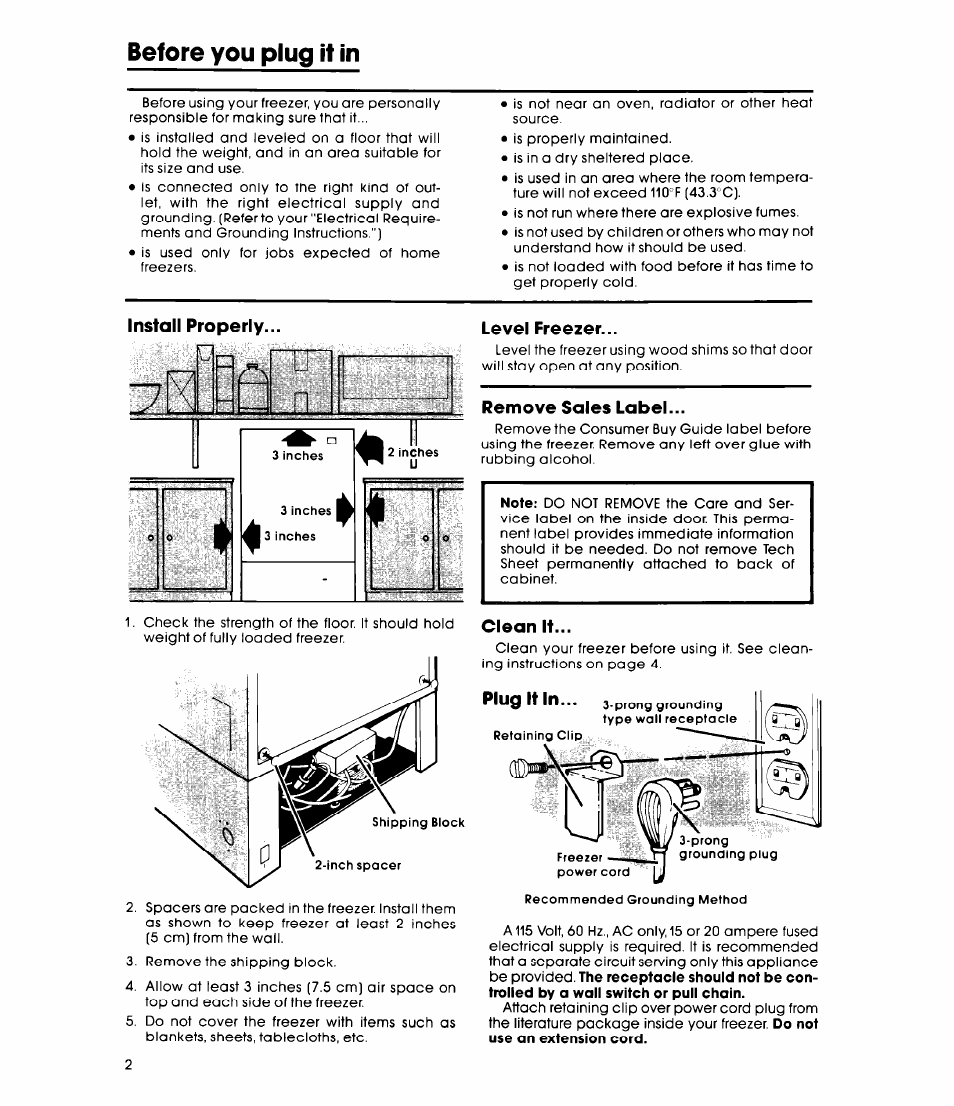 Before you plug it in, Level freezer, Remove sales label | Clean it, Plug it in | Whirlpool EV090FXK User Manual | Page 2 / 8