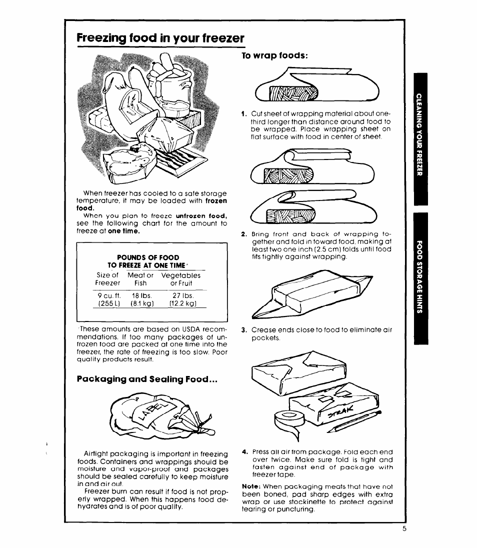 Packaging and sealing food, To wrap foods, Freezing food in your freezer | Whirlpool EV090FXK User Manual | Page 5 / 8