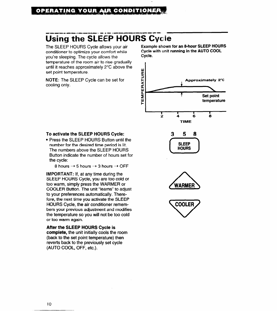 Op^ratjmg your^j^ comgiti, Using the sleep hours cycle | Whirlpool 3PACH21DD0 User Manual | Page 10 / 20