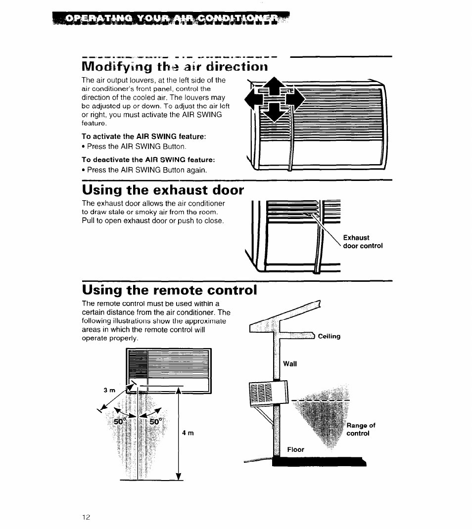 Using the exhaust door, Using the remote control, Modifyiog the air direction | Whirlpool 3PACH21DD0 User Manual | Page 12 / 20