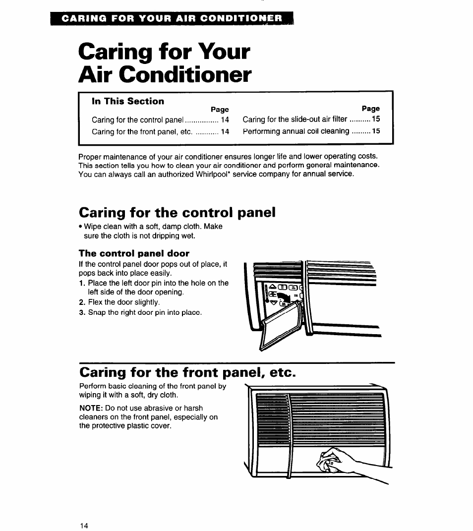 Caring for your air conditioner, Caring for the control panel, The control panel door | Caring for the front panel, etc | Whirlpool 3PACH21DD0 User Manual | Page 14 / 20