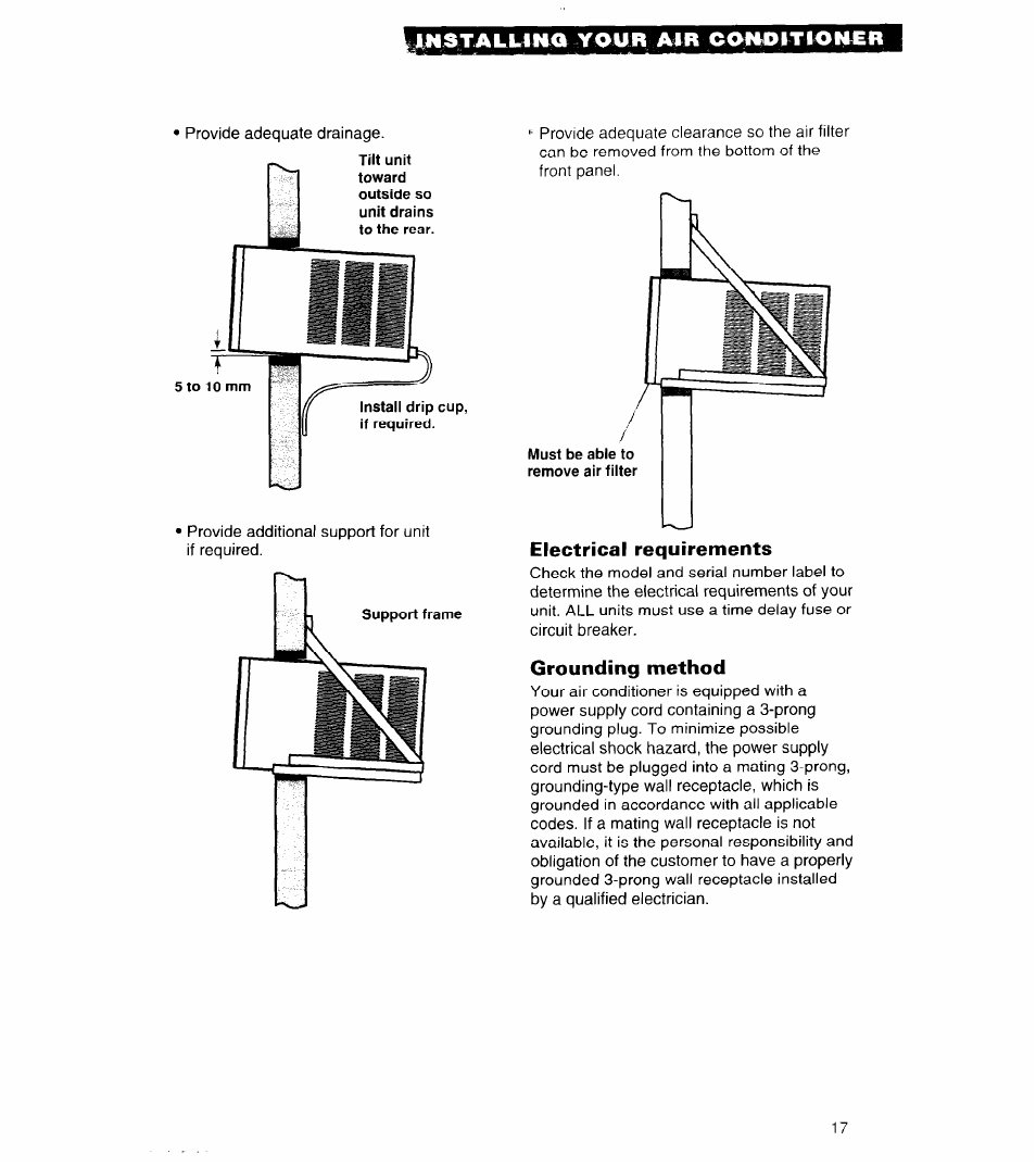 Uistalu№g y04ir air coluiitiolier, Electrical requirements, Grounding method | Whirlpool 3PACH21DD0 User Manual | Page 17 / 20