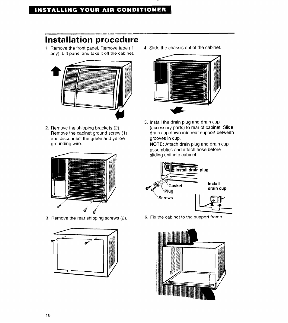 Installation procedure, Installing your air conditioner | Whirlpool 3PACH21DD0 User Manual | Page 18 / 20