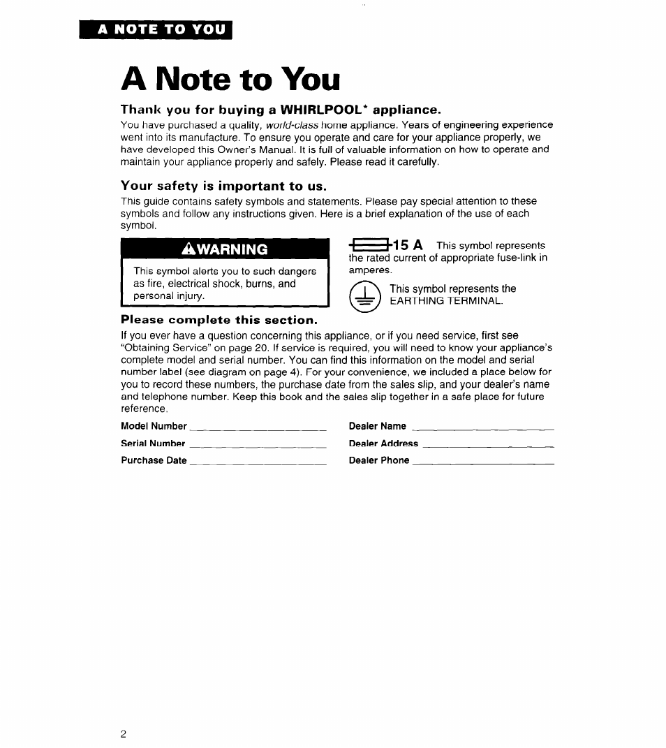 A note to you, Warning, 15 a | Whirlpool 3PACH21DD0 User Manual | Page 2 / 20