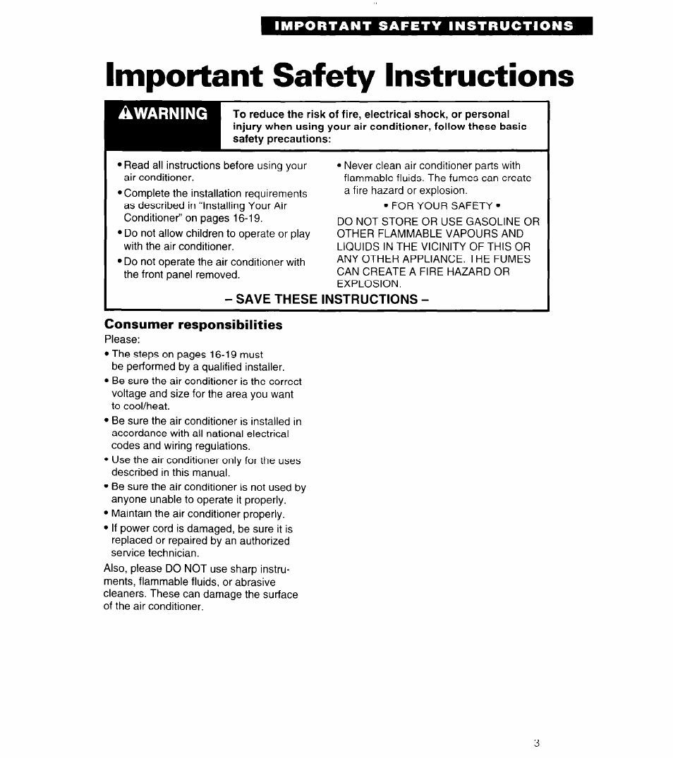 Important safety instructions, Warning | Whirlpool 3PACH21DD0 User Manual | Page 3 / 20