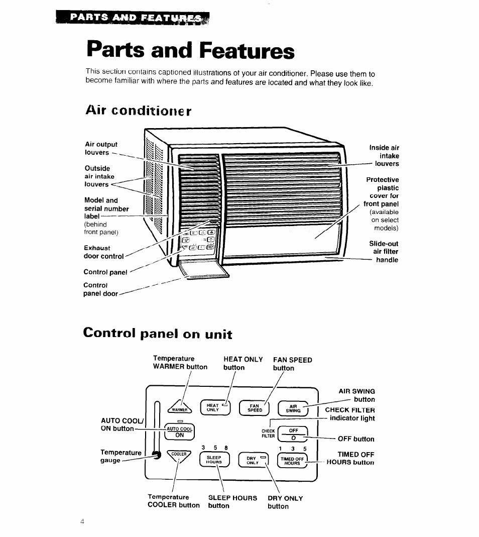Parts amd fsat, Parts and features, Control panel on unit | Air conditioner | Whirlpool 3PACH21DD0 User Manual | Page 4 / 20
