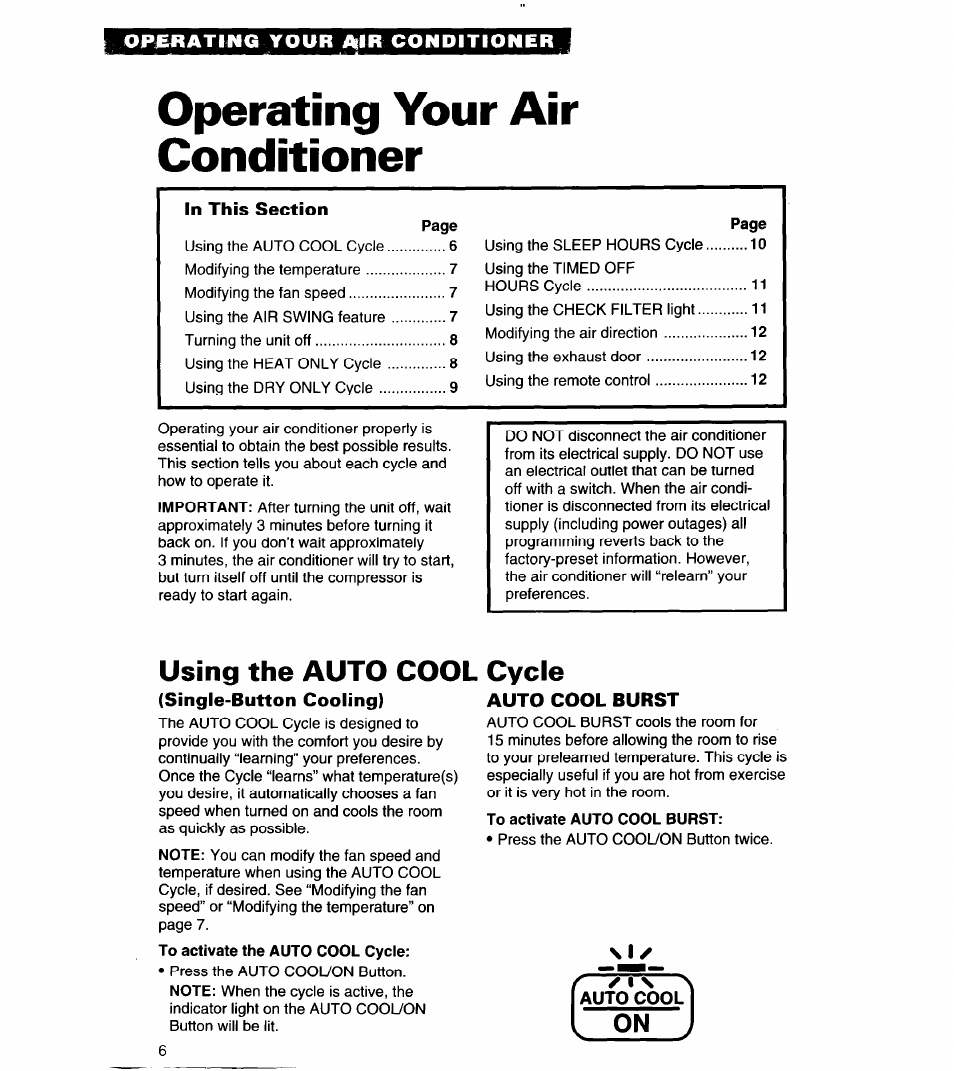 Operating your air conditioner, Using the auto cool, Single-button cooling) | Cycle, Auto cool burst, On j | Whirlpool 3PACH21DD0 User Manual | Page 6 / 20