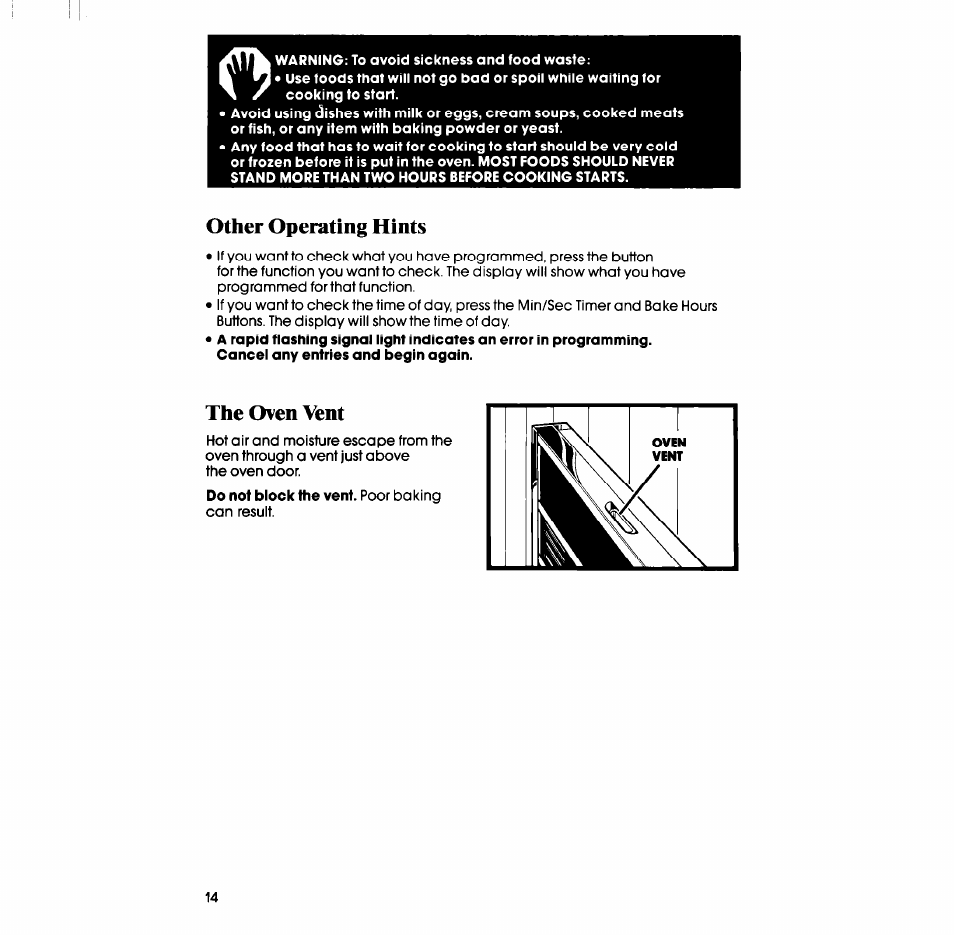 Other operating hints, The oven vent | Whirlpool RB760PXT User Manual | Page 14 / 24