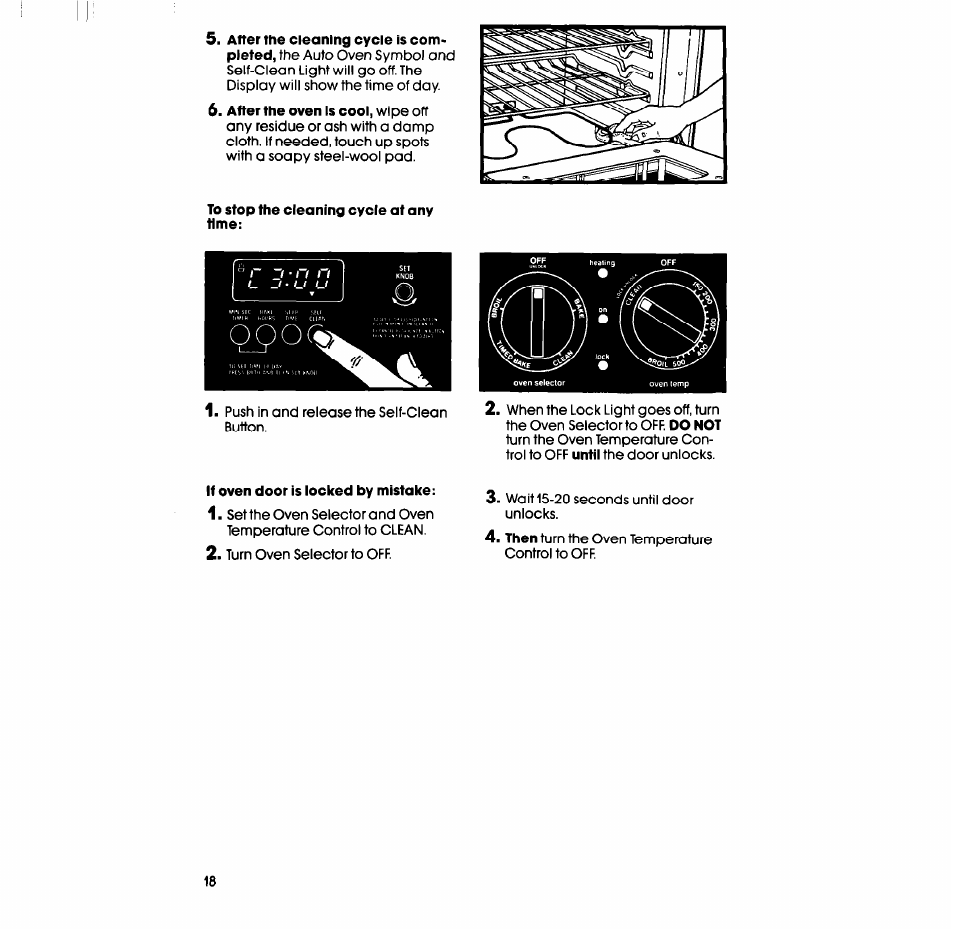 To stop the cleaning cycle at any time, It oven door is locked by mistake | Whirlpool RB760PXT User Manual | Page 18 / 24