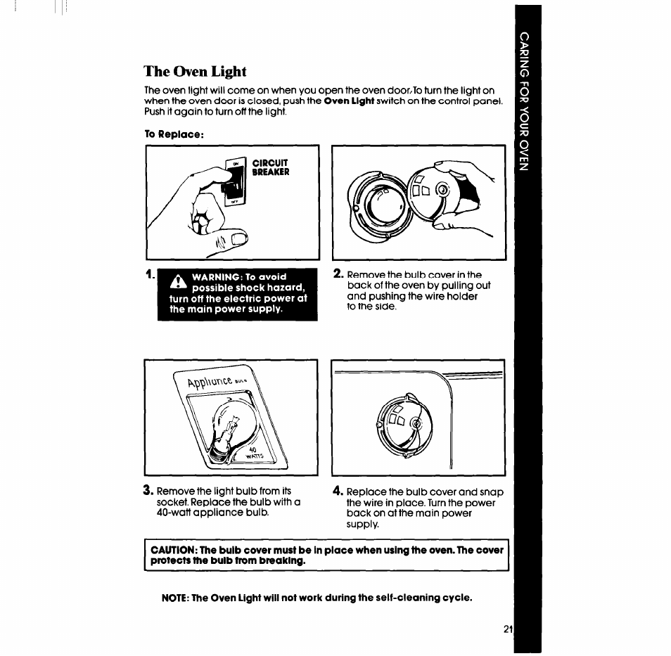The oven light | Whirlpool RB760PXT User Manual | Page 21 / 24