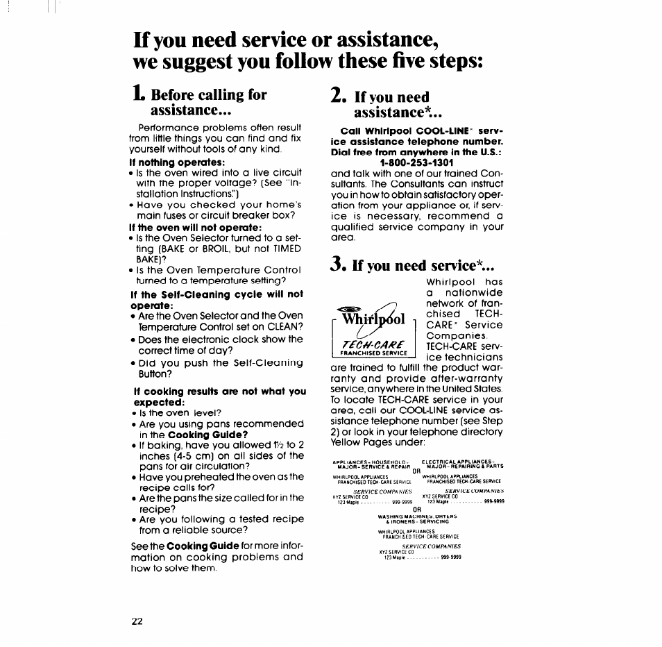 L before calling for assistance, If you need assistance, If you need service | Whirlpool RB760PXT User Manual | Page 22 / 24